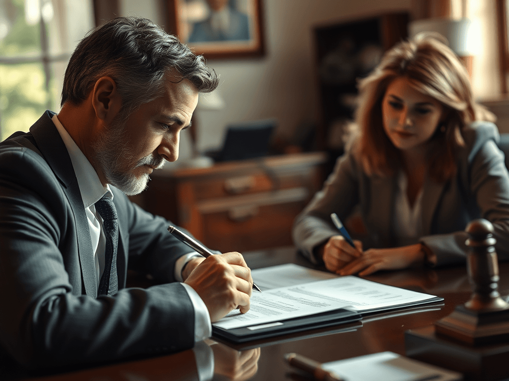 Lawyer and client reviewing a legal document together